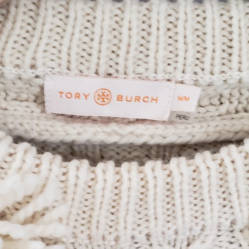 Tory Burch Cable Knit Fringe Wool Sweater Cream Crew Pullover Sweater SZ Medium